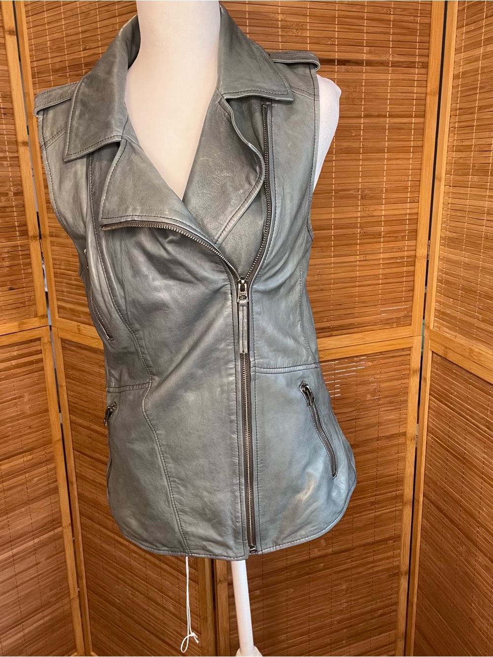 Lucky Brand Slate Gray Leather Sleeveless Moto Vest XS